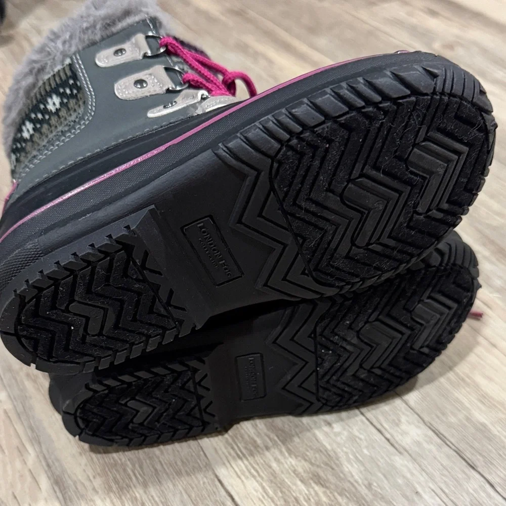 London Fog Gray and Pink Kids Waterproof Snow Boots